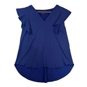 Ann Taylor Navy Blue V Neck Blouse with Ruffled Short Sleeves